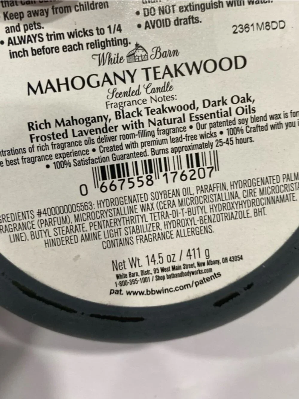 “Mahogany Teakwood” Bath & Body Works White Barn New 3 Wick Candle